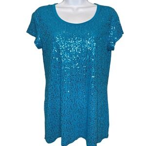 DKNY Womens Blue Sequin Short Sleeve T Shirt Top Size S Disco Maximalist Glam